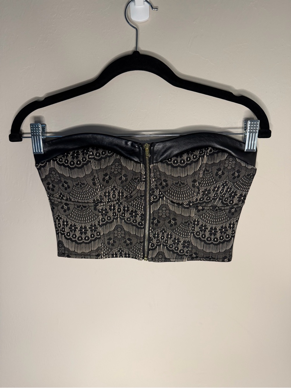 G by Guess Black and Beige Bustier Top with Gold Zip